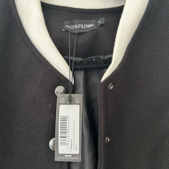NWT Pretty Little Thing Contrast Trim Wool Look Bomber Jacket in Black & White - Picture 7 of 8